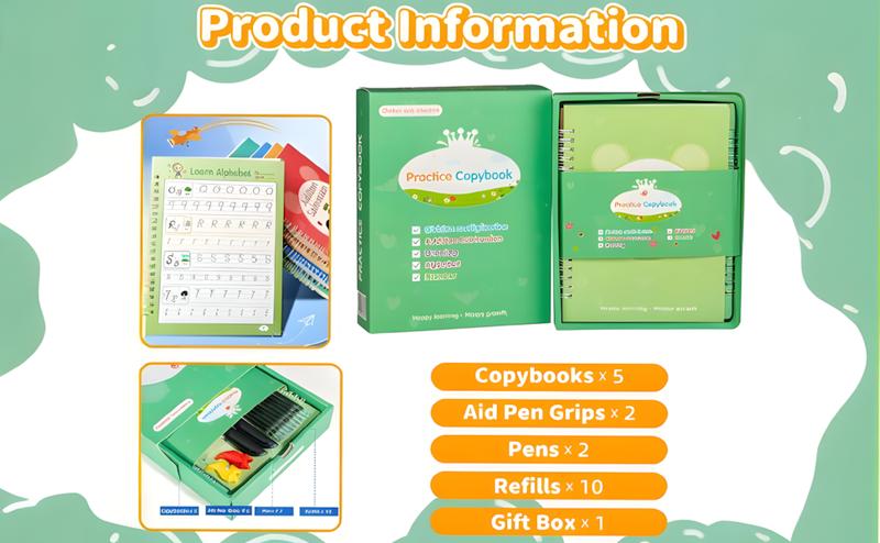 Reusable Handwriting Practice Copybook Set with 5 Handwriting Practice Books,2 Pen, 10 Pen Refills & 1 Pen Grip, School & Educational Supplies，Learning Handwriting Practice Workbooks for Kids,SuitableFor Birthday、christmas、Halloween and Thanksgiving gifts