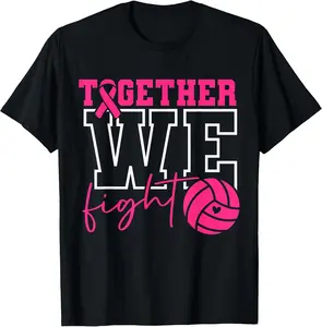 Together We Fight Volleyball Pink Ribbon Breast Cancer T-Shirt - Cotton Crewneck Short-Sleeve, 4-Season Fit, Machine Washable, Sporty Style, Conveys Unity