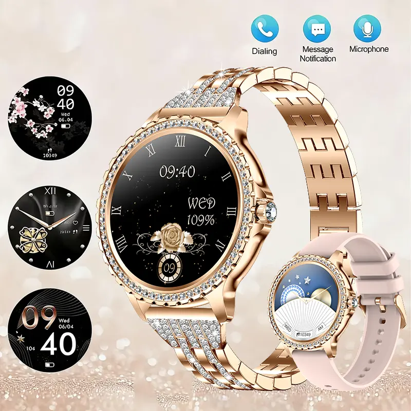 IP68 Rose Gold Women’s Smart Watch, Diamond-Studded Dial & Diamond Strap, 1.32” HD Full Touchscreen, Bluetooth Call Answer or Reject, Sleep & Step Tracker, 100+ Sport Modes, AI Voice Assistant, USB Charging, Extra Strap, Gift for Women
