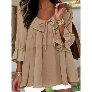 Women'S Plus Size Elegant Blouse with Ruffle Trim, Tie Front, and Bow Detail - Loose Fit, Long Sleeve, Solid Color, Polyester,  Fabric Shirts