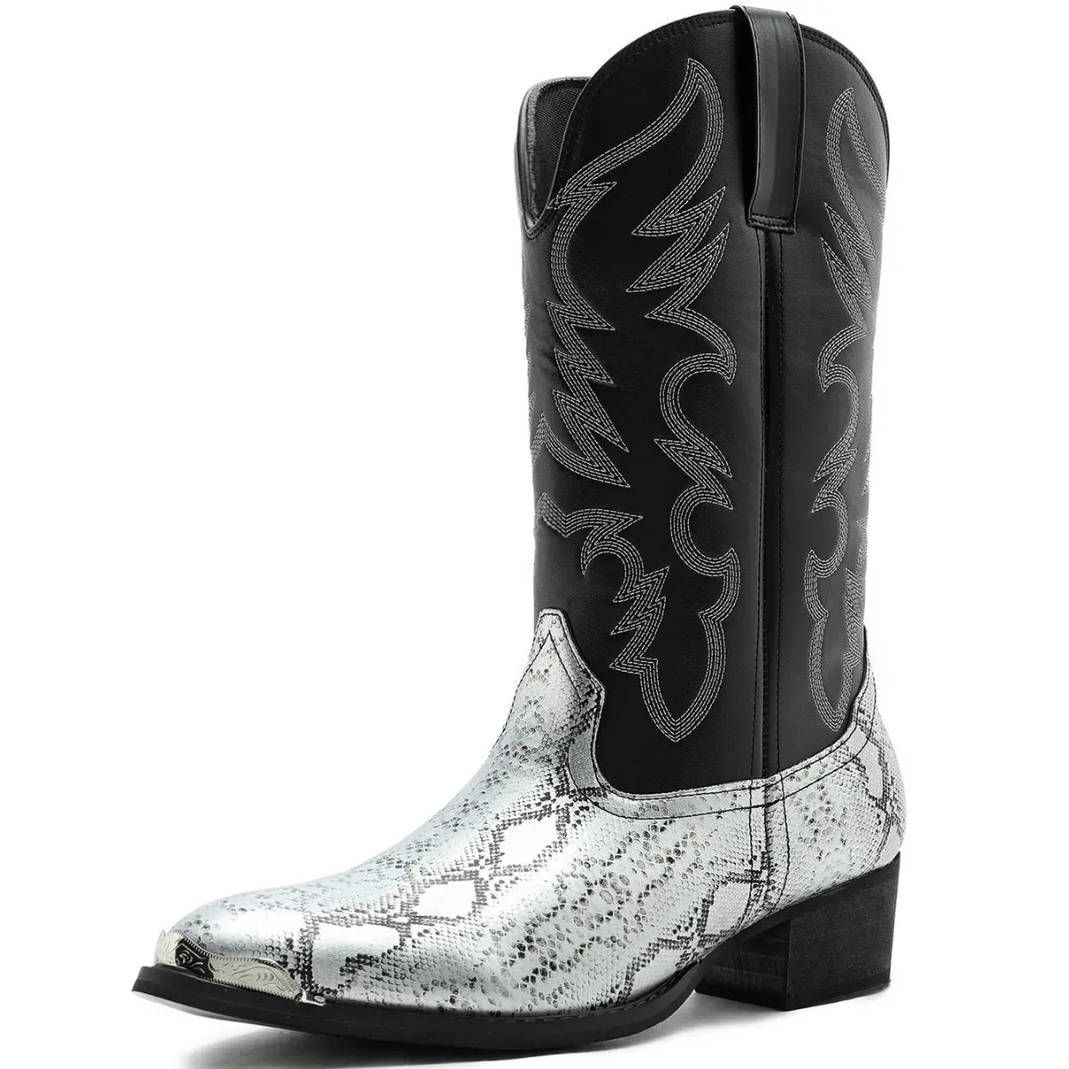Zotixvox Men's American Traditional Cowboy Boots, Faux Leather Mid-Calf Statement Shoes with Pointed Toe & Colorblock Embroidery for Renaissance & Western OOTD, Animal Print, Cowboy Aesthetic