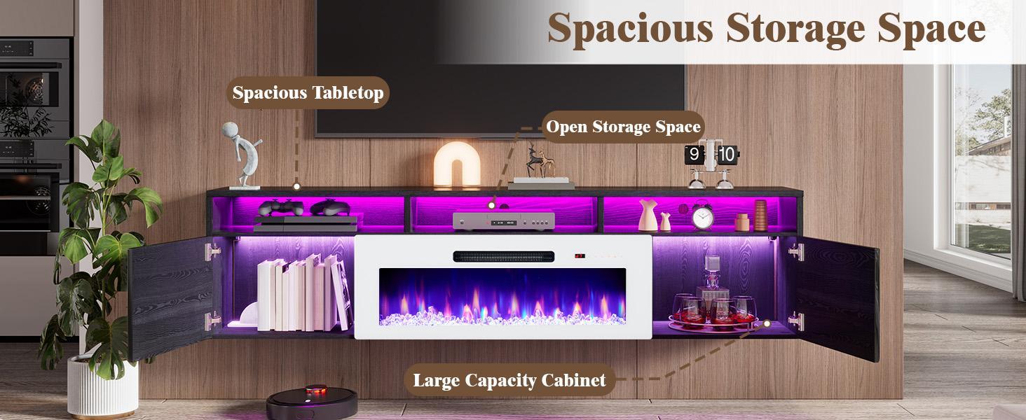 Amerlife 80 inch Floating TV Stand with 40" Electric Fireplace, 80in/70in Wall Mounted Electric Fireplace Entertainment Center with Storage Space