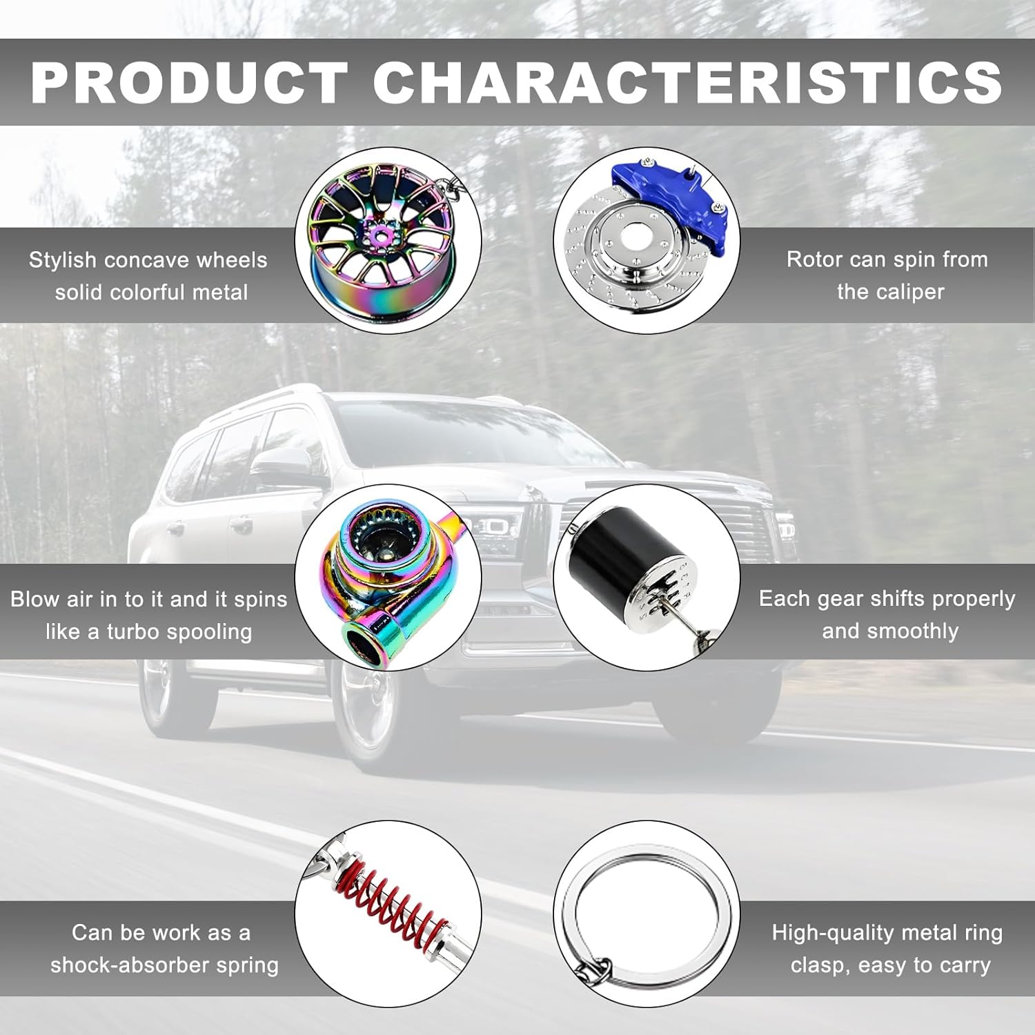 5 PCS Car Parts Model Key Chains Metal Turbo Keychain Set Trendy Shock Absorbent Car Parts Key Chain for Men Women Blue Black