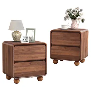 Giratree Small Night Stand with 2 Drawers, Mid Century Modern Curved End Table with Solid Wood Legs, Compact Bedroom, Dorm, or Living Room Side Table
