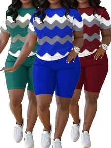 Plus-Size Women's 2-Piece Fitted Knitted Casual Set, Short-Sleeve Round-Neck Top & Striped Zigzag Printed Shorts, Spring Summer Sports Jogging Clothes, Shortsleeve
