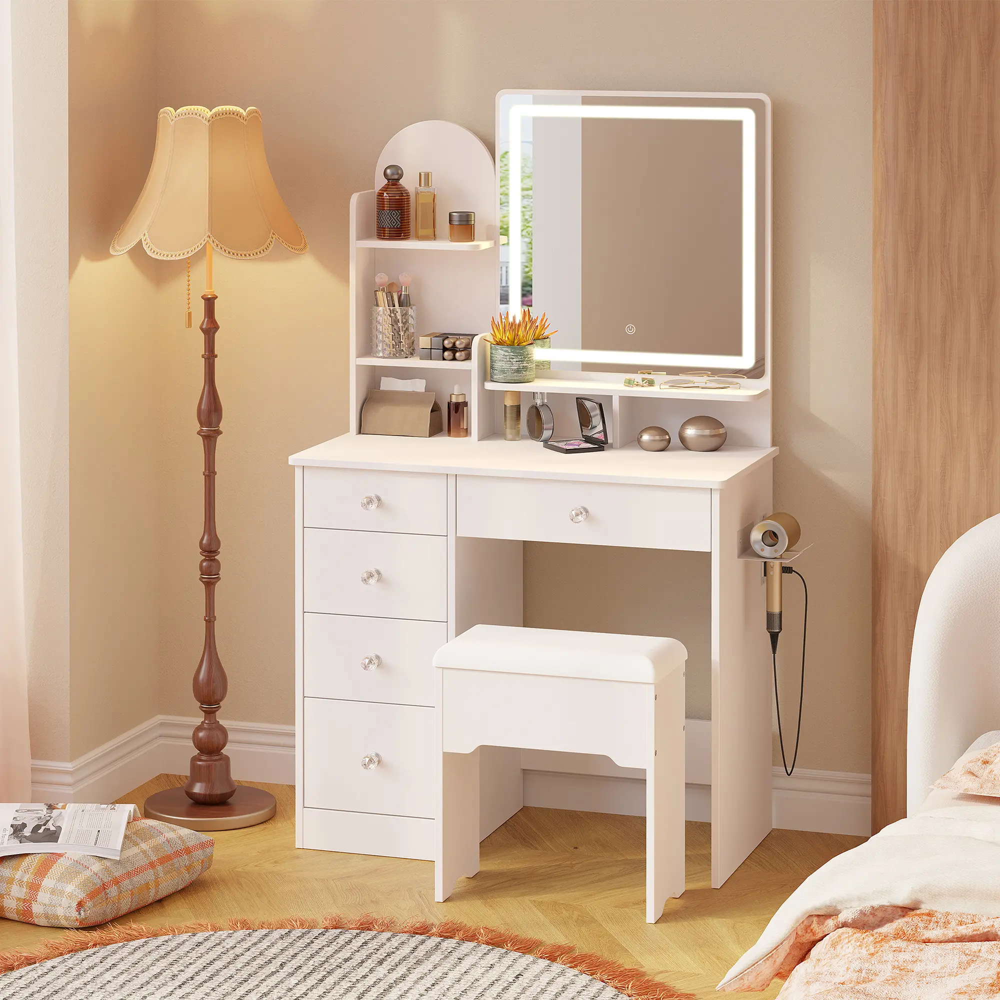 【SMALL-SPACE READY】 LIKIMIO Vanity Desk with Mirror and Lights, Makeup Vanity with Stool for Small Spaces, 5 Drawers & Open Storage, 3-Color LED Lighting, Power Outlet & USB Ports, Foldable Side Shelf for Bedroom, White,dorm essentials,home decor