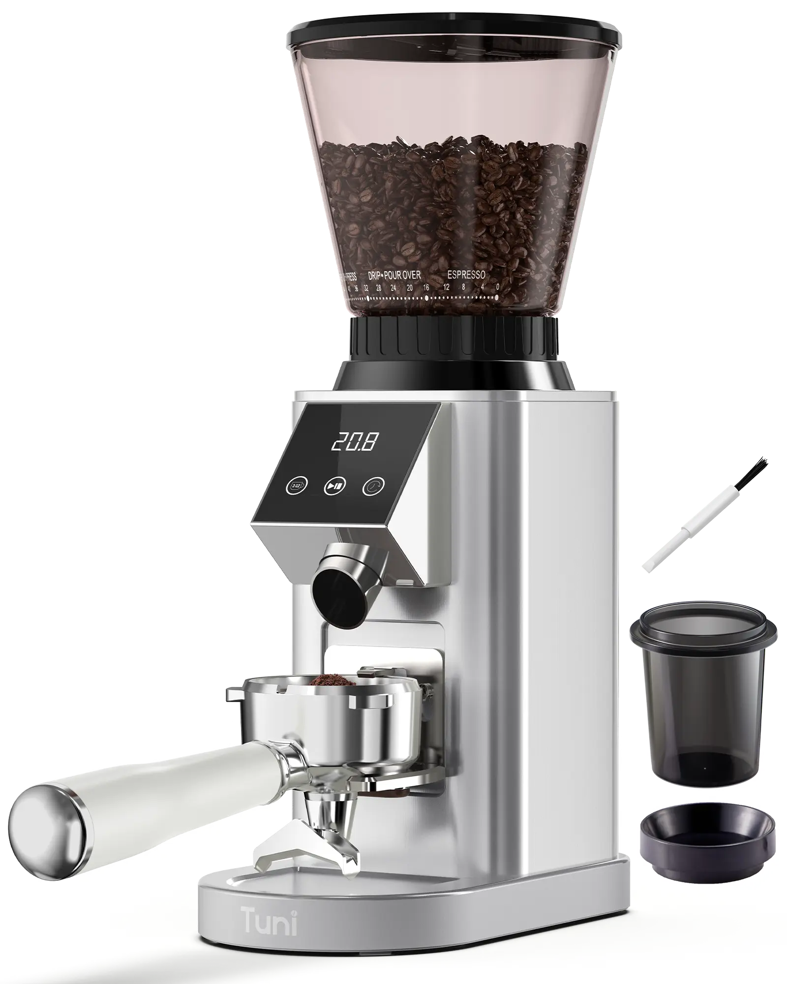 Tuni G1 Conical Burr Coffee Grinder, 48 Grind Settings Anti-static Burr Mill, Precision Electronic Timer and LED Touchscreen for Espresso/Drip/Cold Brew/French Press, Stainless Steel, Silver