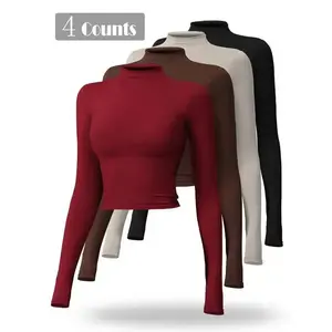 Women's Solid Mock Neck Tee, Quick Drying Breathable Long Sleeve T-shirt Yoga Gym Workout, Ladies Sportswear Fall & Winter, Gym Wear, Athletic Tops(Raincoats)