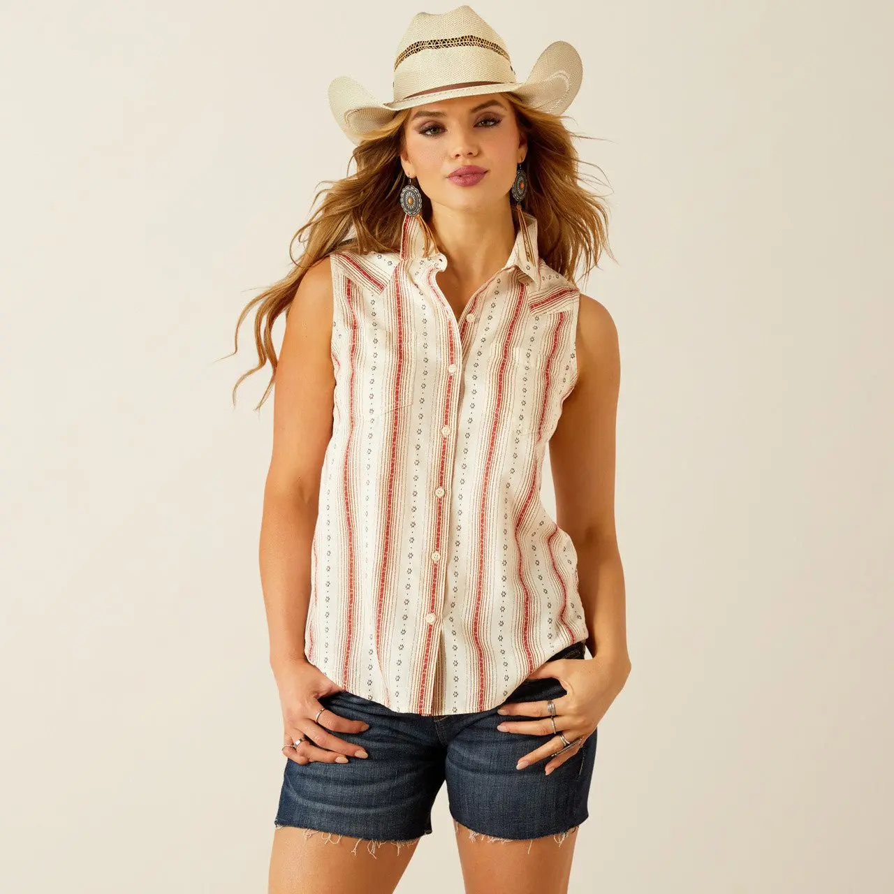 Ariat Women's Billie Jean Western Blouse, Sleeveless Cowgirl Top with Desert Stripe in Lightweight 100% Cotton, Comfortable for Casual Wear, Skirts, Fabric, Fit, Ranch, Flattering, Breathable, Button, Striped, Tailored Fit