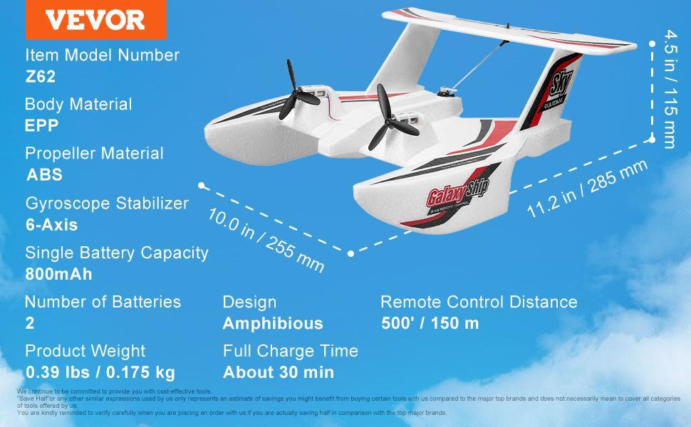 VEVOR RC Plane, TikTokShopBlackFriday, 2.4GHZ 3 Channel Remote Control Airplane with 6-Axis Gyro Stabilizer, Ready to Fly Amphibious Aircraft Plane Toy with 2 Batteries, Easy to Fly RC Glider for Adults Kids Beginners Boys