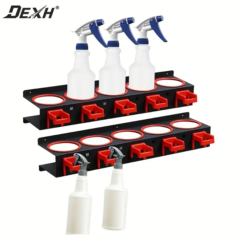 Metal Wall-Mount 5-Hole Spray Bottle Organizer Rack, Durable Multifunctional Plastic Multi-Hooks Holder for Automotive & Motorcycle Cleaning Tool Stowing, Keeps Detailing Tools Within Reach