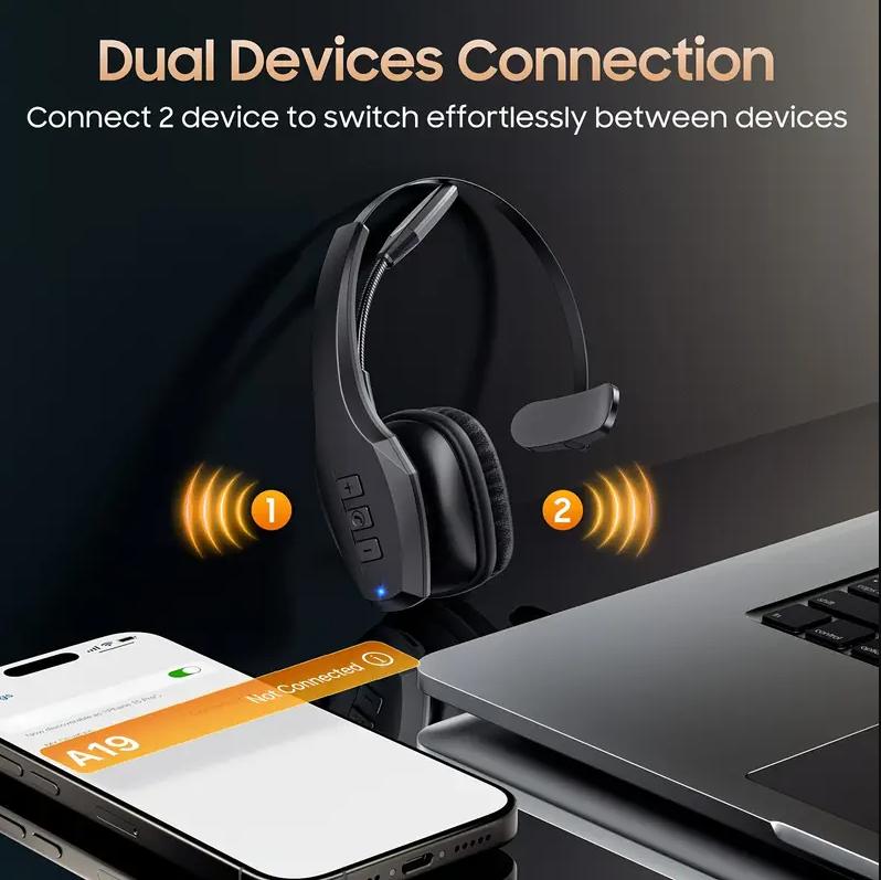 Noise Cancelling Bluetooth Headset A19 Wireless Headphones for Truck Driver PC Use with 32 Hours Talk Time & 53 Hours Music Playback