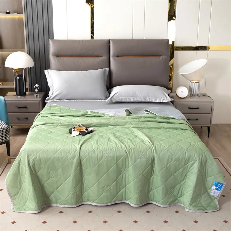 Cooling Summer Quilt, Lightweight Ice Silk Bed Blanket, Soft Breathable Mint Green Quilted Coverlet for Bedroom
