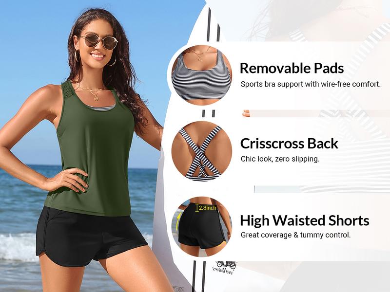 Tempt Me Women's Three Piece Tankini Swimsuit - Mesh Racerback Tank Top with Sports Bra & Pocketed Boyshorts Athletic Bathing Suits Tempt Me Women's Three Piece Tankini Swimsuit - Mesh Racerback Tank Top with Sports Bra & Pocketed Boyshorts Athletic Bathing Suits