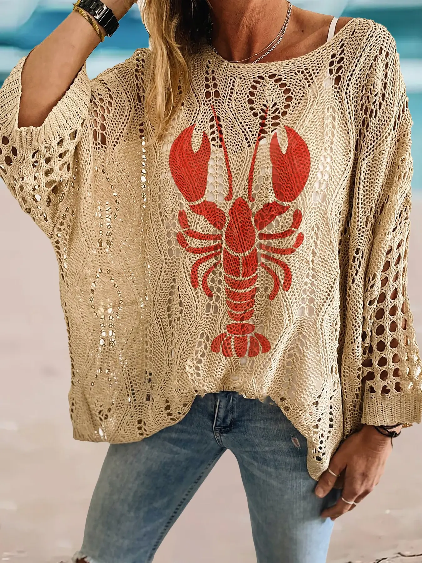 Spring Summer Round Neck Hollow Out Batwing Sleeve Top, Boho Flowy Tops, Lobster Print Bohemian Style, Beach Vacation Casual Layered Vest, Boho Resort Blouse, Womenswear