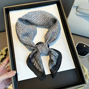 Women’s Silk Scarf/Neckband for Spring & Autumn – Versatile High-End Style, Black & Gray, 2025 New Arrival, Small Square Design