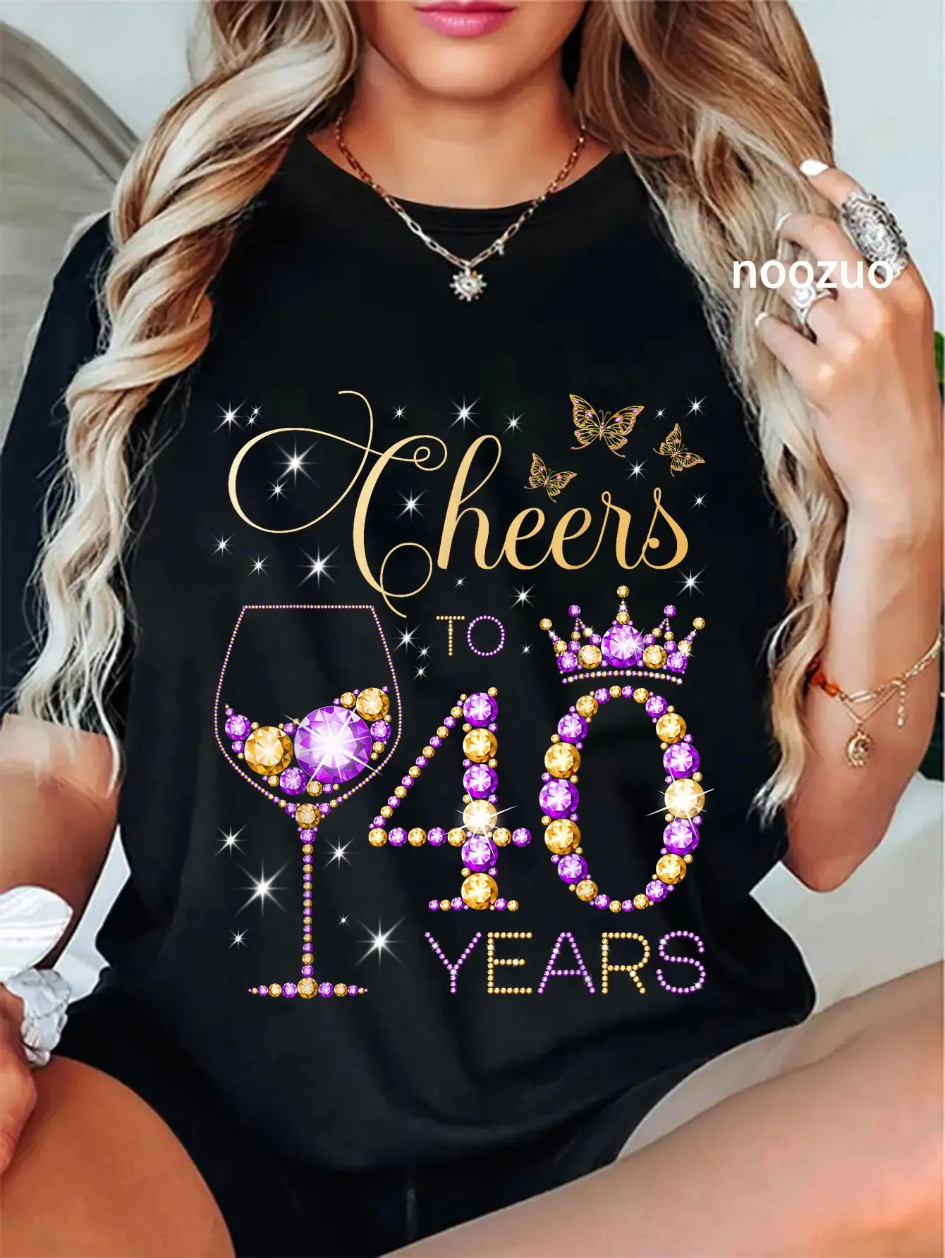 Women's Graphic T-Shirt for 40th Birthday, Funny Vintage 'Cheers to 40 Years' Short Sleeve Top in 100% Cotton, Tops, Everyday, Distressed, Funny Theme, Round Neck, No, Birthday Theme