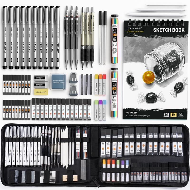 Four Candies 52/73PCS Advanced Art Supplies Drawing Kit with Fineliner Pens, Mechanical Pencils, 3-Color Sketchbook, Charcoal Sticks,Pastels for Sketching Drawing Comics Gifts for Professionals Artists,educational, Adults and Artists, Artist Drafting
