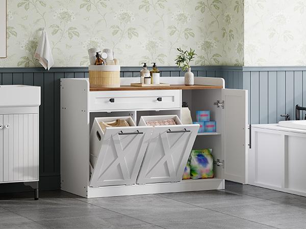 HOOBRO Double Tilt Out Laundry Hamper Cabinet, 24 Gallon Hidden Laundry Cabinet with Drawer & 2 Baskets, Farmhouse Trash Can Cabinet with Storage for Bathroom, Kitchen, White and Walnut