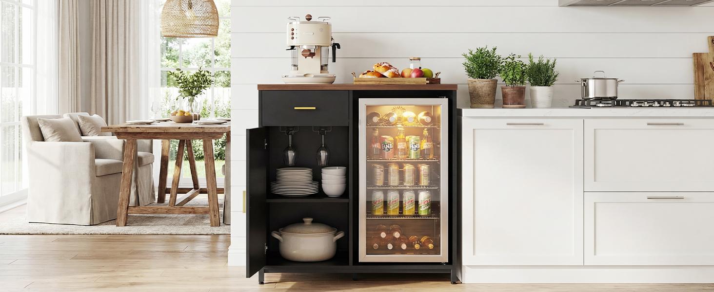 Unikito Home Bar Cabinet - Furniture for Small Spaces, Black Walnut Home Bar Furniture, Mini Fridge Space, Power Outlet Stand, Liquor Wine Storage, Drawer, Wine Glass Holder for Dining Room, Kitchen, Adjustable Home Bar Furniture