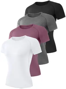 4 Packs Women's Compression Shirt Running Athletic T-Shirts Workout Tops Baselayer Short Sleeve Yoga Gym Sports Gear