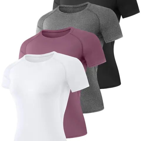 Women's 4-Pack Compression Short-Sleeve Sports Tops - Athleisure Workout Clothes, Gym Clothes, Sports Baselayers, Shirts for Yoga & Gym Activities
