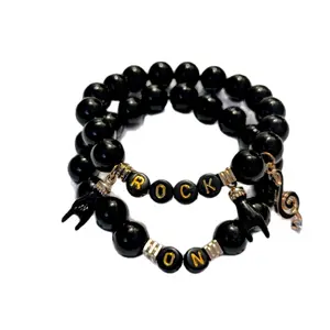 Rock On Black Beaded Bracelet Set | Music Note Charm | Rock Hand Charm | Unisex Stretch Bracelet | Music Lover Jewelry