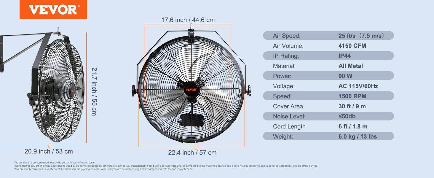 VEVOR Wall Mount Fan Waterproof IP44, 3-speed High Velocity Max. 4150 CFM, Industrial Wall Fan, Commercial or Residential for Warehouse, Greenhouse, Workshop, Patio, Black, ETL Listed  VEVOR Super Brand Day