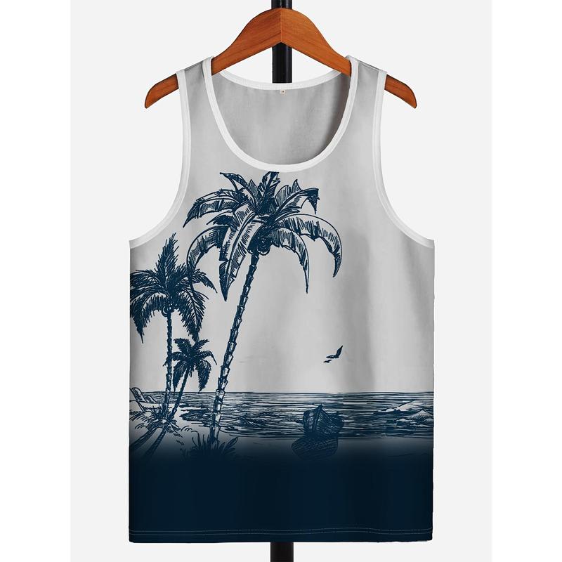Men's Hawaiian Style 3D Digital Print Sleeveless Tank Top - Tropical Palm Tree Gradient Design, Breathable Stretch Fabric, Regular Fit for Gym, Beach, Casual & Outdoor Activities, Beach Activewear, Sunset Graphic Tee, Machine Washable