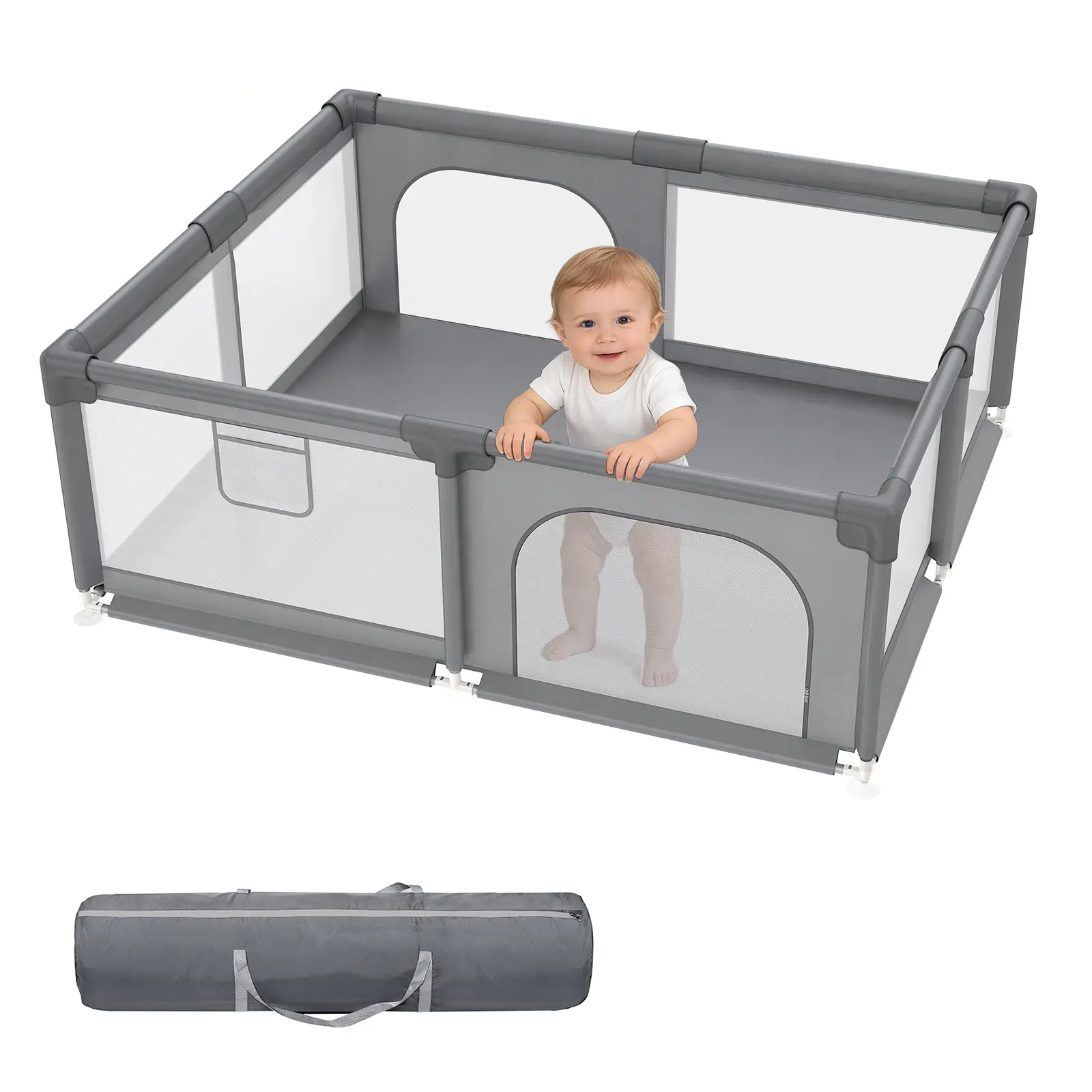 dearlomum Extra Large Baby Playpen (50"x50"/71"x59") - Baby Items with Soft Mesh Fence, Safety Gate, Nonremovable Waterproof Mat, Easy Indoor Assembly & Cleaning, Black/Gray