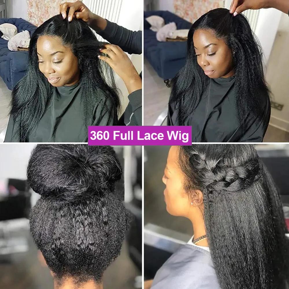 MYLOCKME Women's 360 Glueless Full Lace Wig, 180 Density Brazilian Hair, 32-34 Inch Kinky Yaki Straight, 13x6 HD Lace Frontal, Preplucked Human Hair Wig