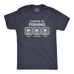 Mens 100% Chance Of Fishing T Shirt Funny Outdoor Fishing Novelty Camp Tee Mens Funny T Shirts Cool Vintage Fashion T-Shirt Gift Classic Menswear Funny Fishing Short Sleeve Novelty Tees for Guys Navy