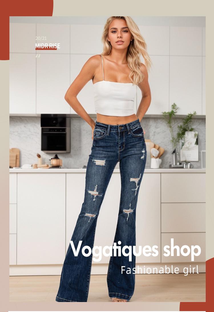 Madison Vogatiques Mid Rise Ripped Flare Jeans with Wide Leg and Bootcut Design Bell Bottom Denim Pants GP3003M Casual Cotton Good Fitting Tall Girl Outfit Distressed Tummy Control BBL