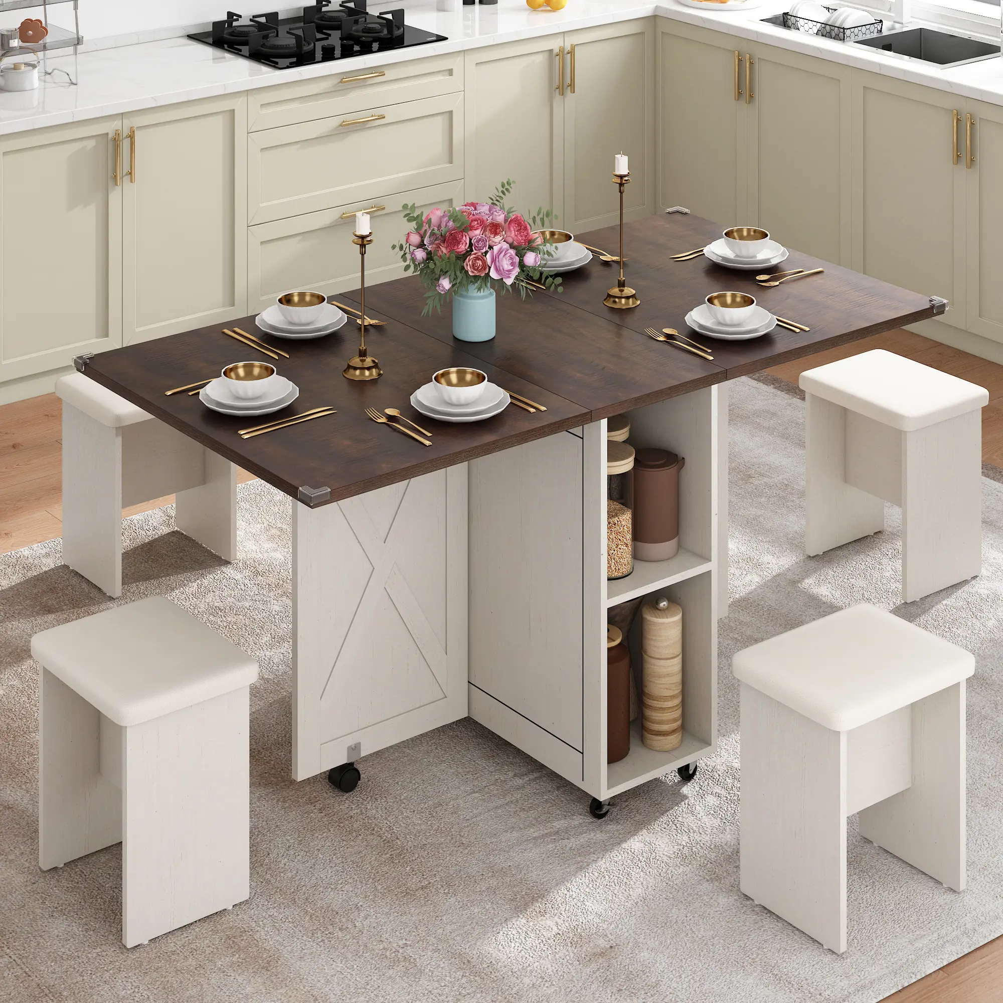 5 PCS Farmhouse Dining Table Set for 4,60" Large Folding Dining Table Set w/ 4 Leather Chairs, Drop Leaf Foldable Kitchen Table for Small Spaces,Barn Door Design,6 Wheels,2-Layer Storage Shelf
