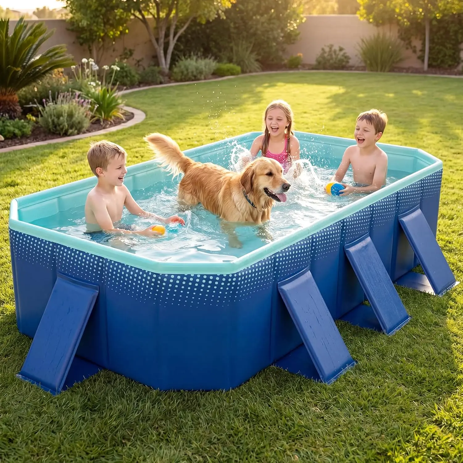 [COSTWAY] Foldable Non-Inflatable Swimming Pool, Portable Rectangle Around Ground Pool with 24 Hard Shell, Drain Hose, Outdoor Collapsible Kiddie Pool for Backyard Garden outdoorfun