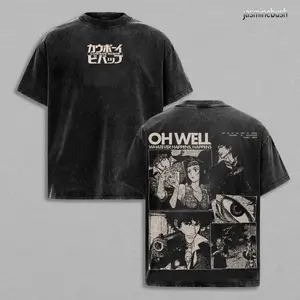 Retro Vintage Cowboy Bebop Anime Double Printed Washed T-shirt Unisex Mineral Anime Manga Washed Heavy Cotton T-shirt, Gift For Anime Fan Lover