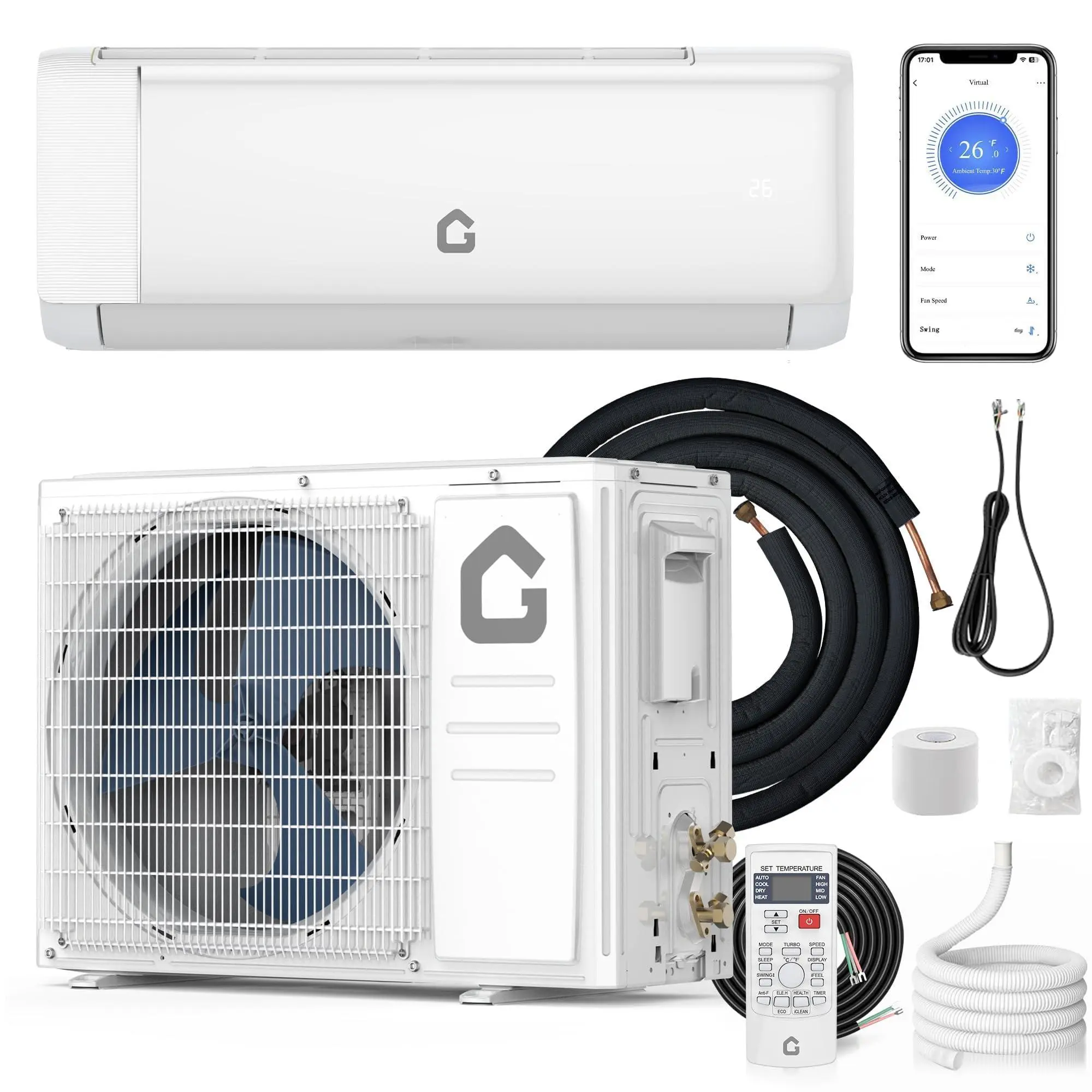 12000 BTU Mini Split Air Conditioner& Heater, 21 SEER2, Cools 750 Sq.Ft, Alexa Compatible, Inverter Tech Ductless Air Conditioner with WiFi & Remote Control/Self Cleaning/Installation Kit, 115V