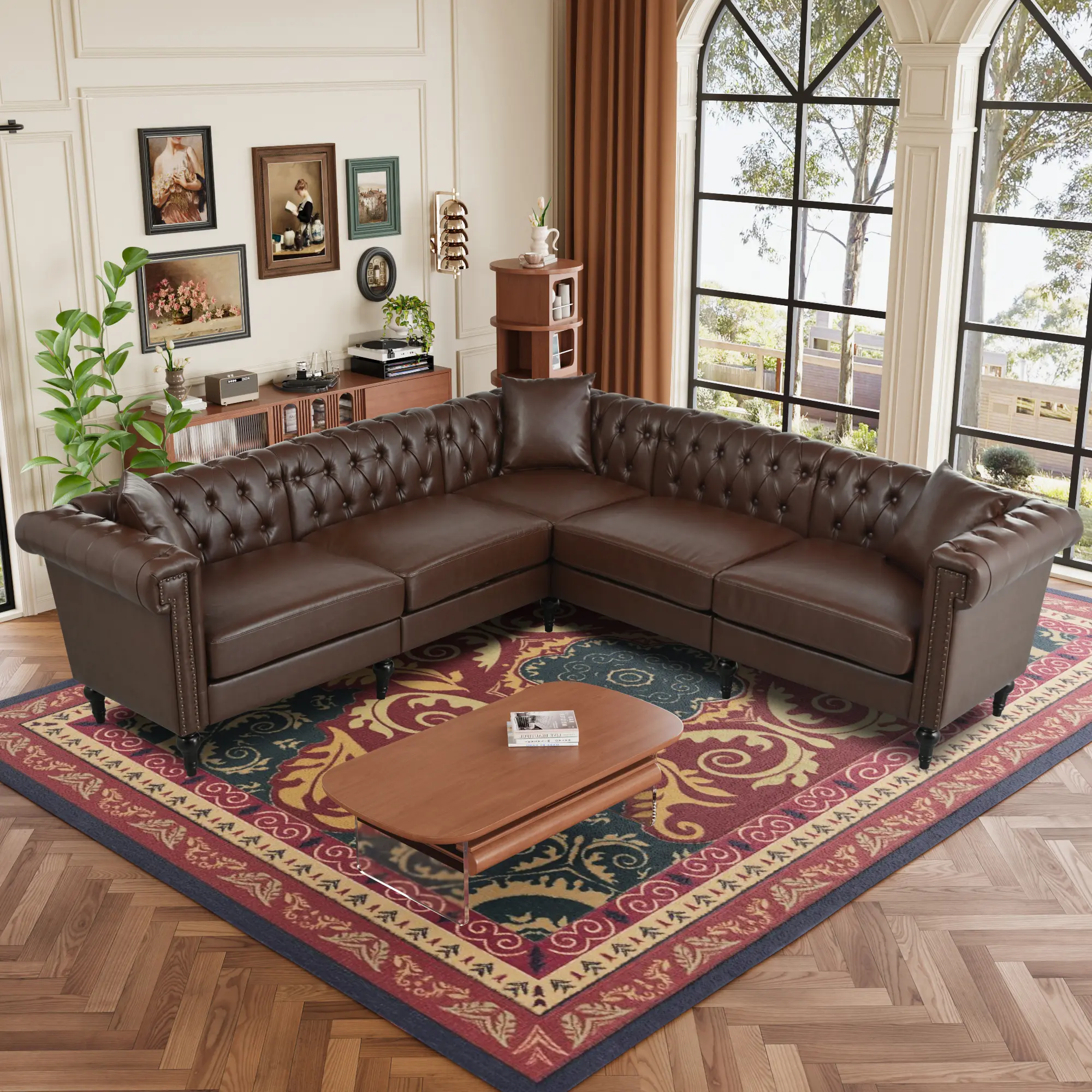 5-Seat L-Shaped Reversible PU Leather Chesterfield Sofa - Tufted, Rolled Arms, Nailhead Trim, Sofas for Living Room, Fits Small or Large Indoor Spaces