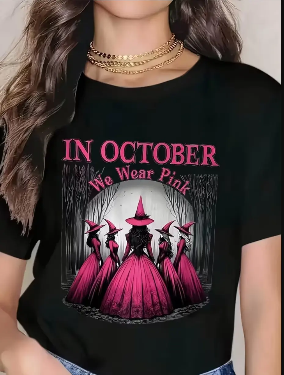 Women's Gothic Witch Crew Neck Knit Fitted Short-Sleeve T-Shirt - Pink & Black Garment Top, Halloween Costume, Witch Hat & Bat Print, Machine Washable Cotton, October Party Cosplay