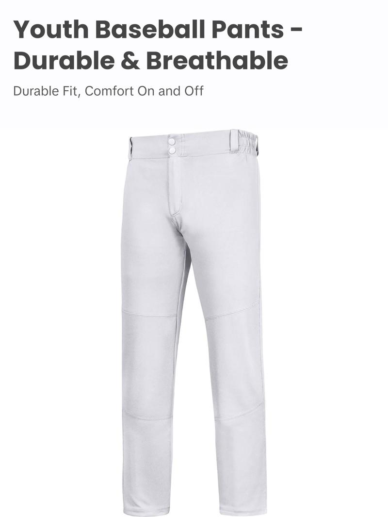 Penveer Youth Baseball Pants, Full Length Open Bottom Boys Baseball Pants with Durable Snap, Softball Pants, T Ball Pants (White) Athletic Wear