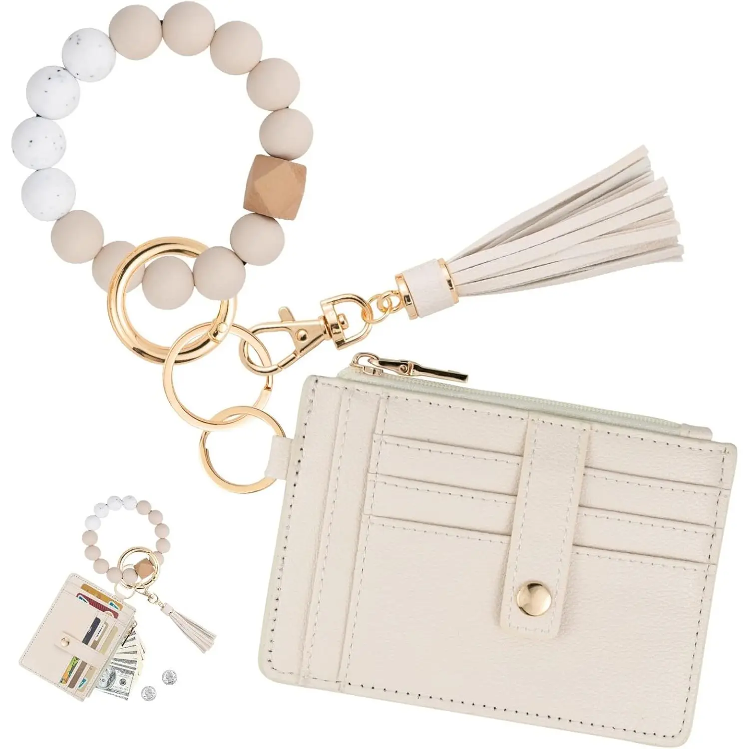 Women's Slim Vegan Leather RFID Wallets for Women, Dark Brown Home Supplies with Stylish Keychain, Bangle Keychain Pouch, Snap Hook Wristlet with Tassel - Home Organizer Storage Accessory