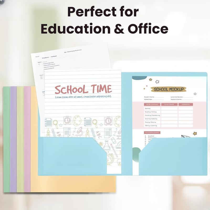 6Pack Folders with Pockets, Pastel Colors, Heavy Duty Pocket Folders, Plastic Folders with Pockets, 2 Pocket Folders Bulk, Aesthetic File Folders, Back to School Office Filing Supplies