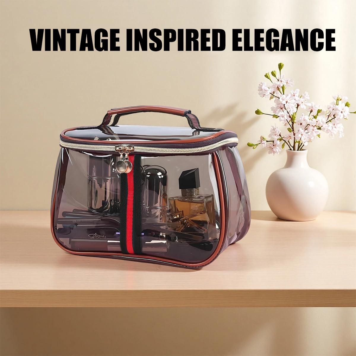 New Retro Vintage Vanity Bag, Makeup Bags Large Capacity Waterproof Transparent Toiletry Bag, Ladies Travle Storage Case, Clear Tote Bag with Zipper for Women (Brown)