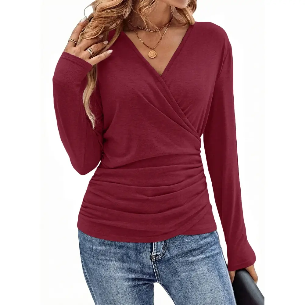 Dokotoo Womens Blouses Dressy Casual V Neck Long Sleeve Wrap Top Ruched Shirts Fall Outfits 2026
