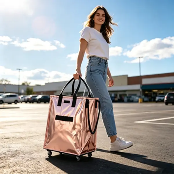 Unisex Foldable Rolling Shopping Bag with Wheels - Waterproof, Large-Capacity Reusable Grocery Tote, Collapsible Zippered Utility Organizer, Heavy-Duty Portable 90 lb Capacity for Grocery, Traveling, Moving