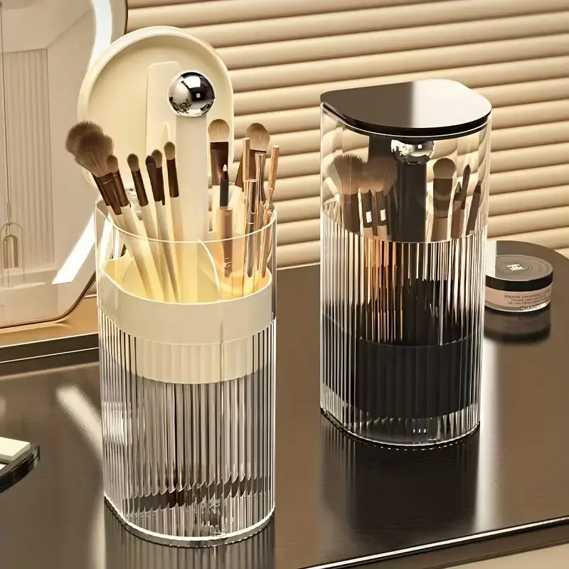 One-Touch Pop-Up Makeup Brush Organizer with Lid, Dustproof Cosmetic Brush Holder, 4-Compartment Large Capacity for Vanity, Bathroom Countertop, White