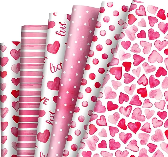 12 Sheets Valentine’s Day Wrapping Paper Pink Love Hearts Gift Wrap Paper Bulk Folded Flat Watercolor DIY Craft Art Paper for Party Decor Supplies, 19.7 x 27.6 Inch