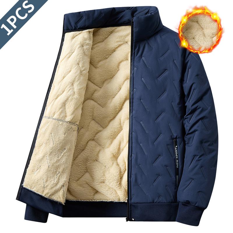 Men's Sherpa Lined Thickened Jacket - Winter Warm Coat with Stand Collar, Full Zipper Design, Windproof Outer Layer, Side Pockets, Stretch Cuffs & Hem, Suitable for Casual Outings loose fit outerwear classic solid color