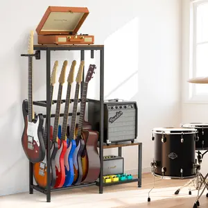 Guitar Stand, Guitar Rack Holder With Record Player Stand, Multiple Guitar Display Stand For 4-6 Acoustic, Electric Guitar, Bass Etc. Adjustable Guitar Amplifier Stand For Music Room Studio