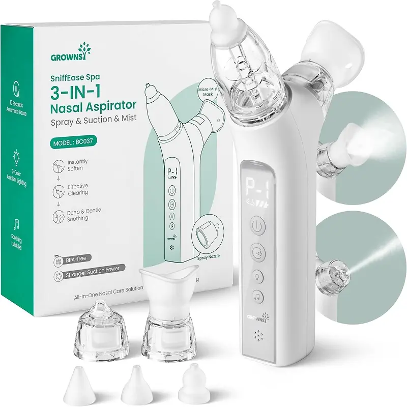 GROWNSY SniffEase Spa 3-in-1 Nasal Aspirator for Baby – Spray, Suction & Mist, Hospital-Grade Powerful Electric Nose Suction with Soothing Light & Music, Larger Chamber, Food-Grade Silicone Tips